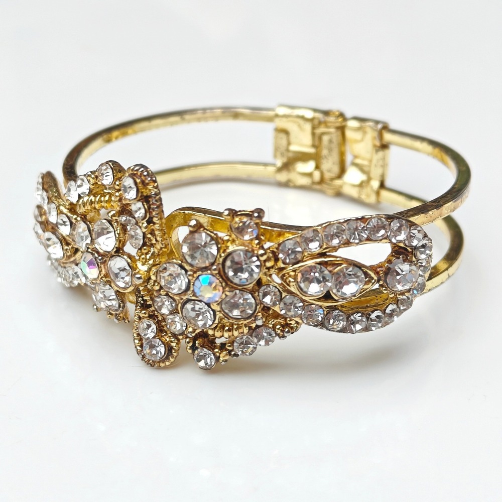 Gold Tone Rhinestone Flower Hinged Cuff Bracelet Iridescent Stone Bangle Crystal
